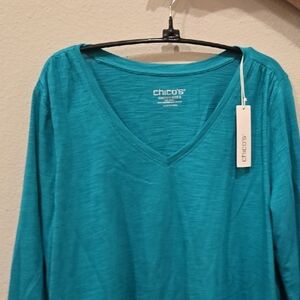 CHICO'S Turquoise 3/4 Sleeve Slub V-neck Tee / sz 2 (NWT)